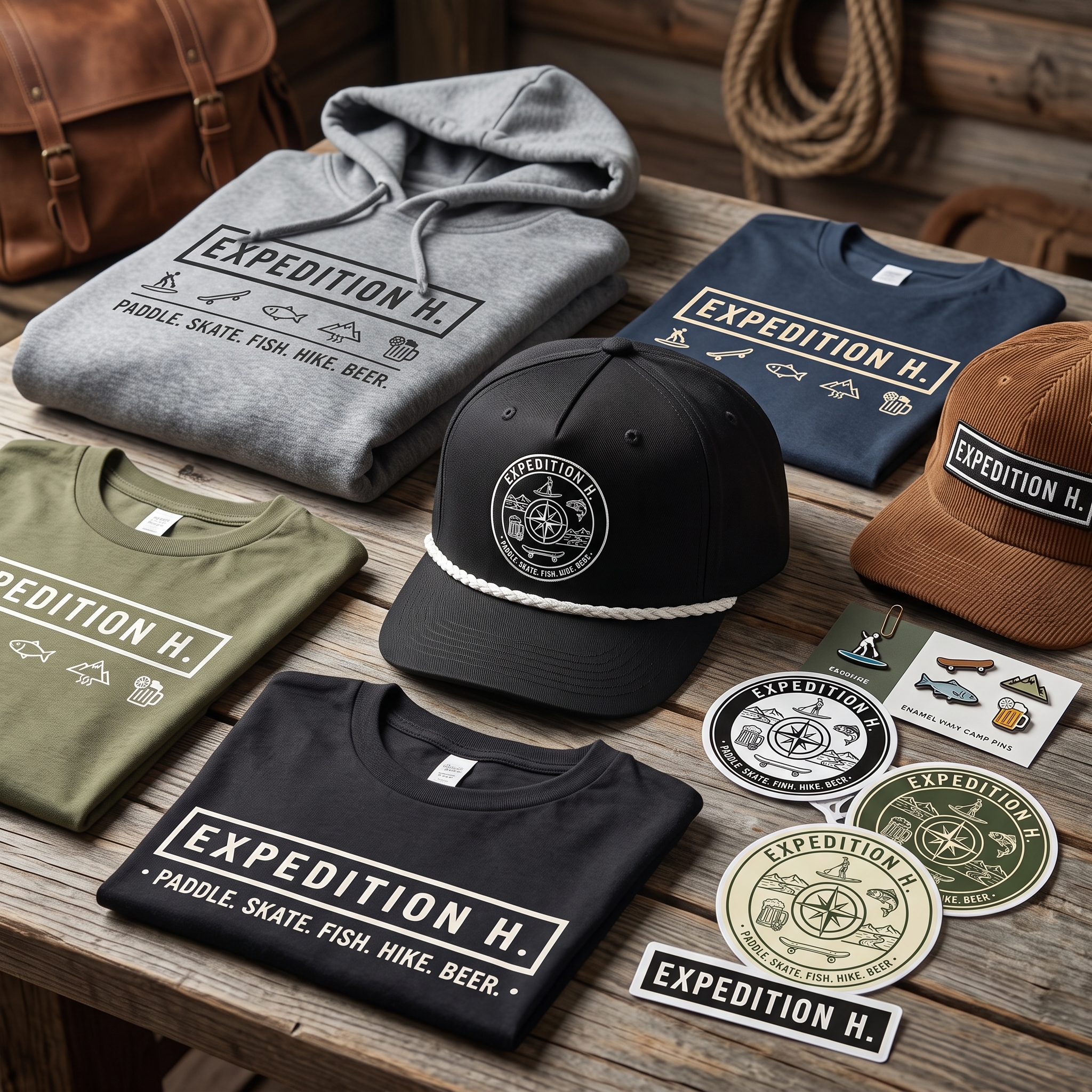 Expedition H. hoodie, tees, caps and stickers laid out on a wood bench